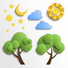 Set of icons. Paper cut design. Sun, moon, stars, tree, clouds