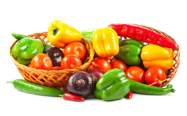 Fototapeta na wymiar Fresh vegetables in basket isolated on white. Bio Vegetable. Co