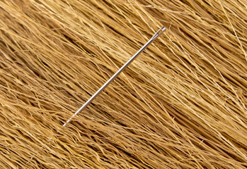Sewing needle protruding in a haystack