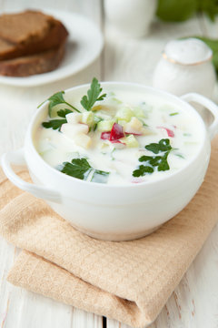 Russian okroshka with yogurt and vegetables,