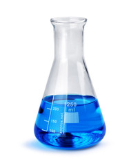 laboratory glass beaker with blue liquid sample