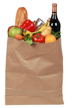 Einkaufstüte mit Obst, Gemüse und Wein