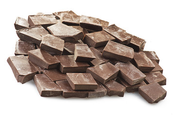 close up of chocolate pieces on white background