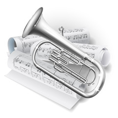 Baritone horn / Euphonium tuba on white background with notes