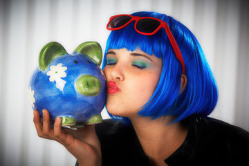 Naklejka premium teenager girl with piggy bank