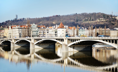 Fototapeta na wymiar Jirasek bridge on Vltava river, Prague