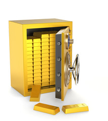 Opened golden safe with many gold bars inside