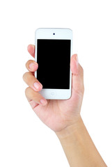Hand holding smart mobile phone with blank screen