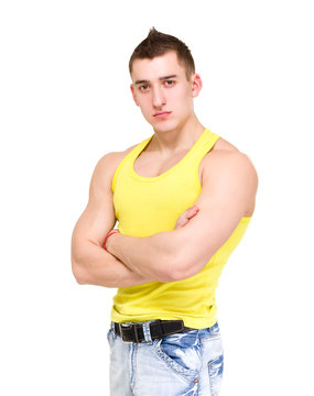 portrait of young beautiful man in yellow jersey