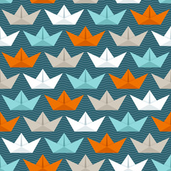 Obraz premium Seamless Pattern Paperboats & Waves Retro