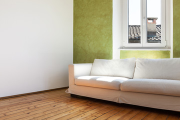 home interior, view.white sofa and window
