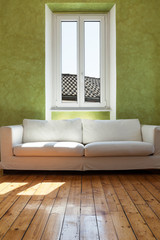 home interior, view.white sofa and window