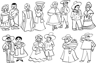 African and Latin American characters in national costumes