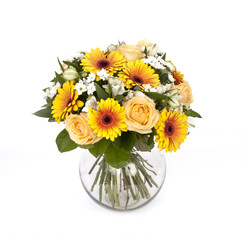 bouquet of yellow roses and gerberas in vase isolated on white