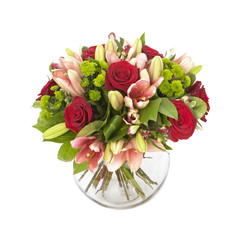 bouquet of red roses  and pink lilias isolated on white