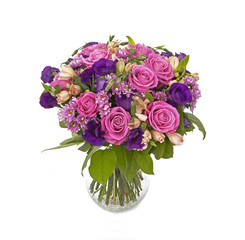 bouquet of pink and violet flowers isolated on white