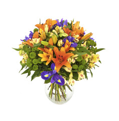 bouquet of orange lilias and irises in vase isolated on white