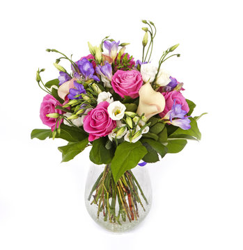 bouquet of pink and violet flowersin vase isolated on white