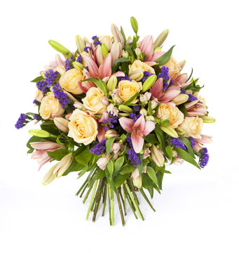bouquet of lilias and roses isolated on white