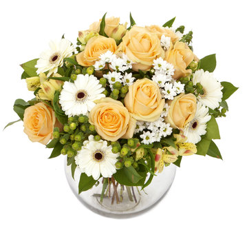 bouquet of orange roses and white gerberas in vase isolated on w