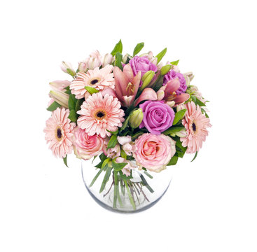 bouquet of pink roses and gerberas isolated on white
