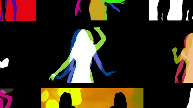 a video wall of screens made up from shadow disco dancers