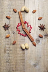 Nuts, cinnamon sticks and star anise