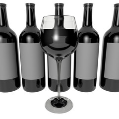 Copa de vino y botellas