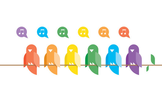 Singing birds in rainbow colors. Stylish design illustration