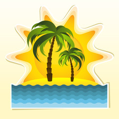 Fototapeta na wymiar Island with two palms and sun