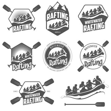 Set of vintage whitewater rafting labels and badges