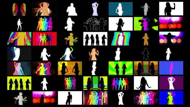 a video wall of screens made up from shadow disco dancers