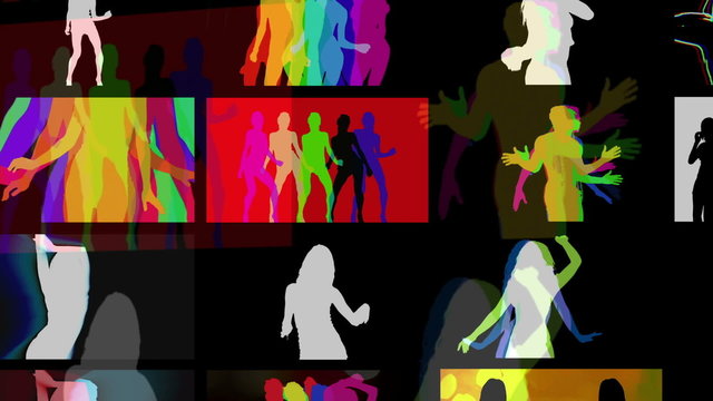 a video wall of screens made up from shadow disco dancers
