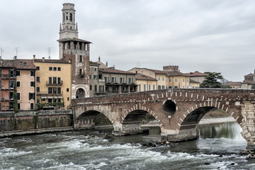 Obraz premium Ponte Pietra and the River Adige, Verona,Italy