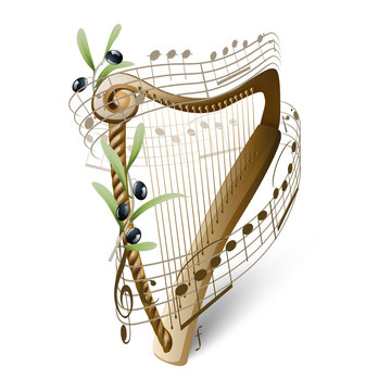wooden harp and olives