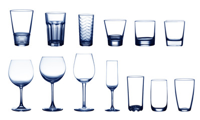 collection of blue cup glasses isolated on a white background