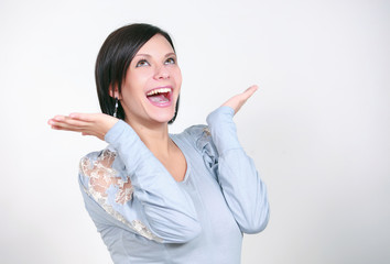 girl laughs a on white background