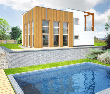 New modern house with a garden around and pool
