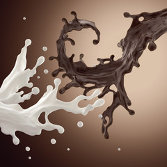 collision of liquid chocolate and milk splash