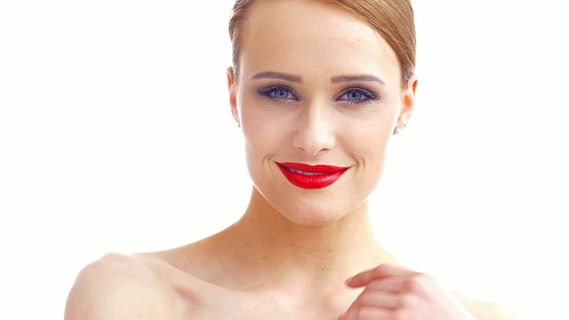 Sexy Young Woman Smiling  She Has Red Sensual Lipstick