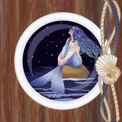 Papier Peint photo Lavable Sirène Belle sirène de nuit dans le hublot