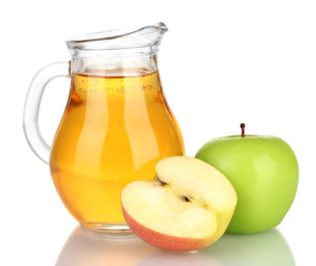Full jug of apple juice and apple isolated on white