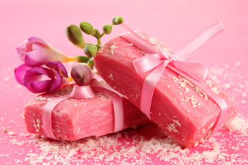 Natural handmade soap, on pink background