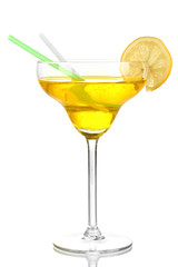 Yellow cocktail in glass isolated on white