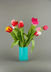 Beautiful tulips in bucket on grey background