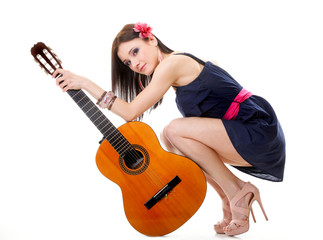 summer girl with guitar on white background