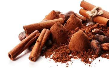 Chocolate truffles, cocoa and spices isolated on white