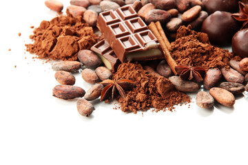 Composition of chocolate sweets, cocoa and spices, isolated