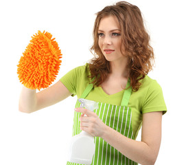 Young woman cleaning windows with sprayer and sponge, isolated
