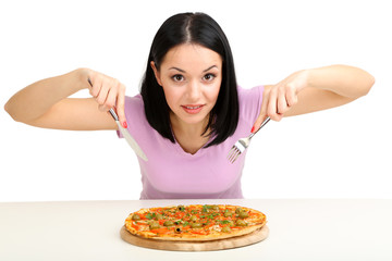 Beautiful girl wants to eat pizza isolated on white